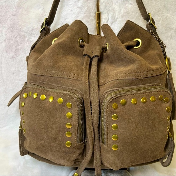 Crown Vintage Suede Drawstring Satchel Handbag. Brown with Gold Stud Accents - Picture 2 of 15